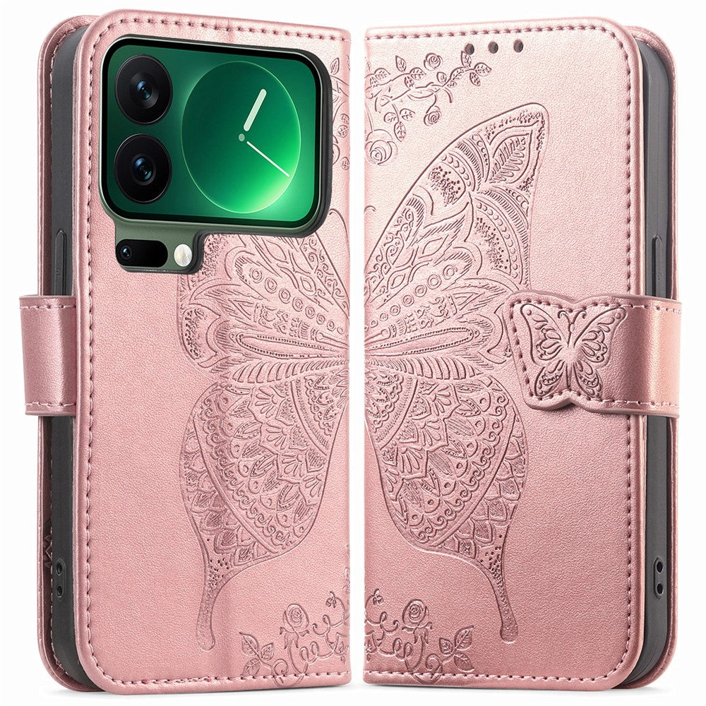 For Xiaomi 17 Pro Max Case with Strap Butterfly Pattern PU Leather Wallet Phone Cover - Rose Gold