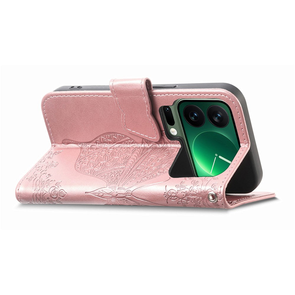 For Xiaomi 17 Pro Max Case with Strap Butterfly Pattern PU Leather Wallet Phone Cover - Rose Gold