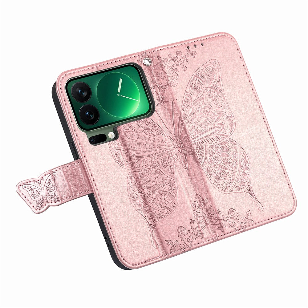 For Xiaomi 17 Pro Max Case with Strap Butterfly Pattern PU Leather Wallet Phone Cover - Rose Gold