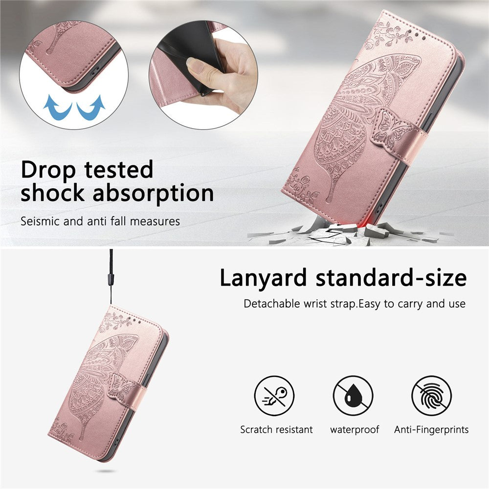 For Xiaomi 17 Pro Max Case with Strap Butterfly Pattern PU Leather Wallet Phone Cover - Rose Gold