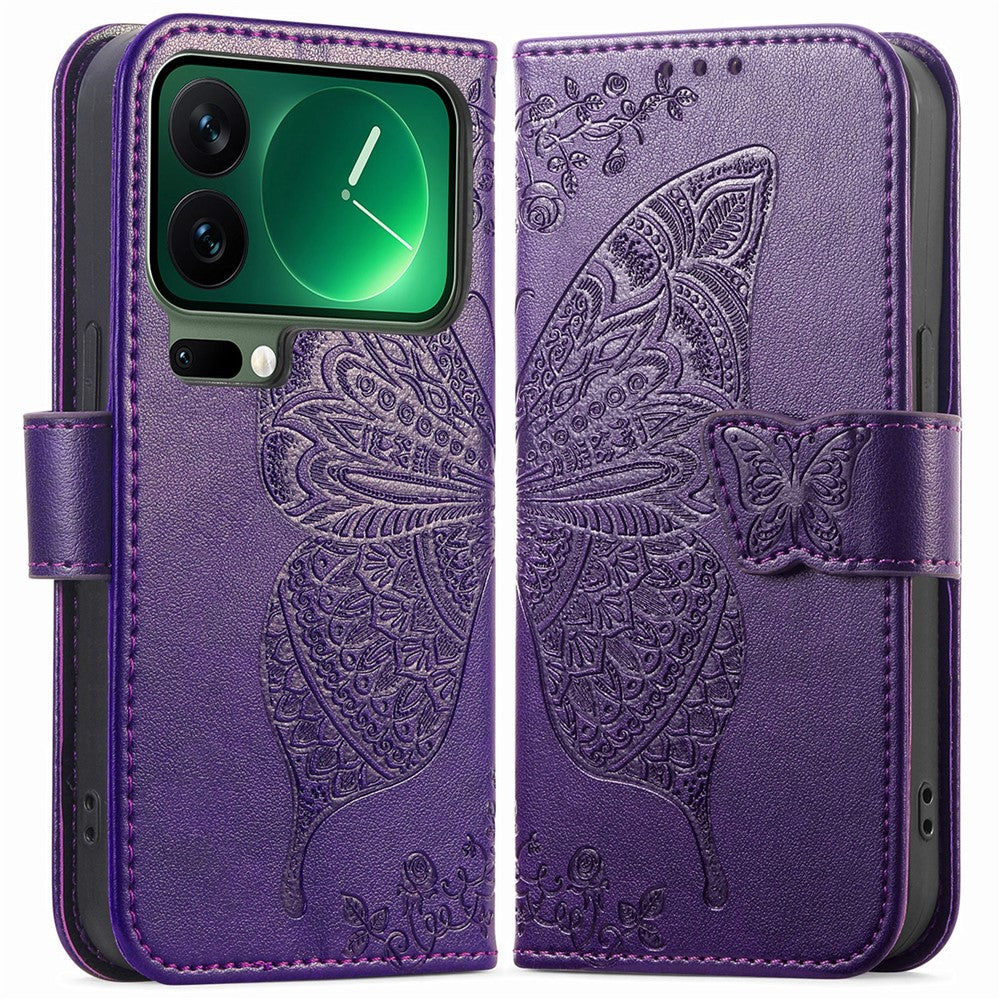 For Xiaomi 17 Pro Max Case with Strap Butterfly Pattern PU Leather Wallet Phone Cover - Dark Purple