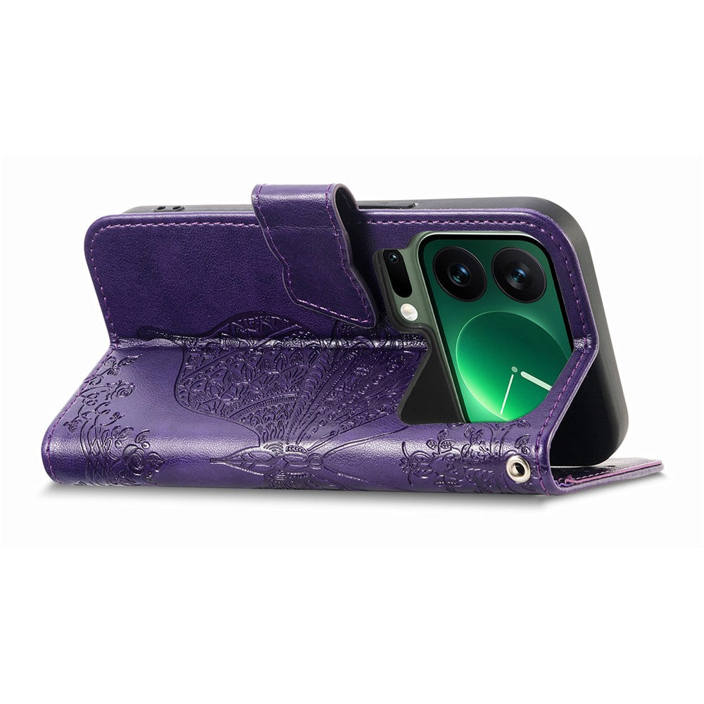 For Xiaomi 17 Pro Max Case with Strap Butterfly Pattern PU Leather Wallet Phone Cover - Dark Purple
