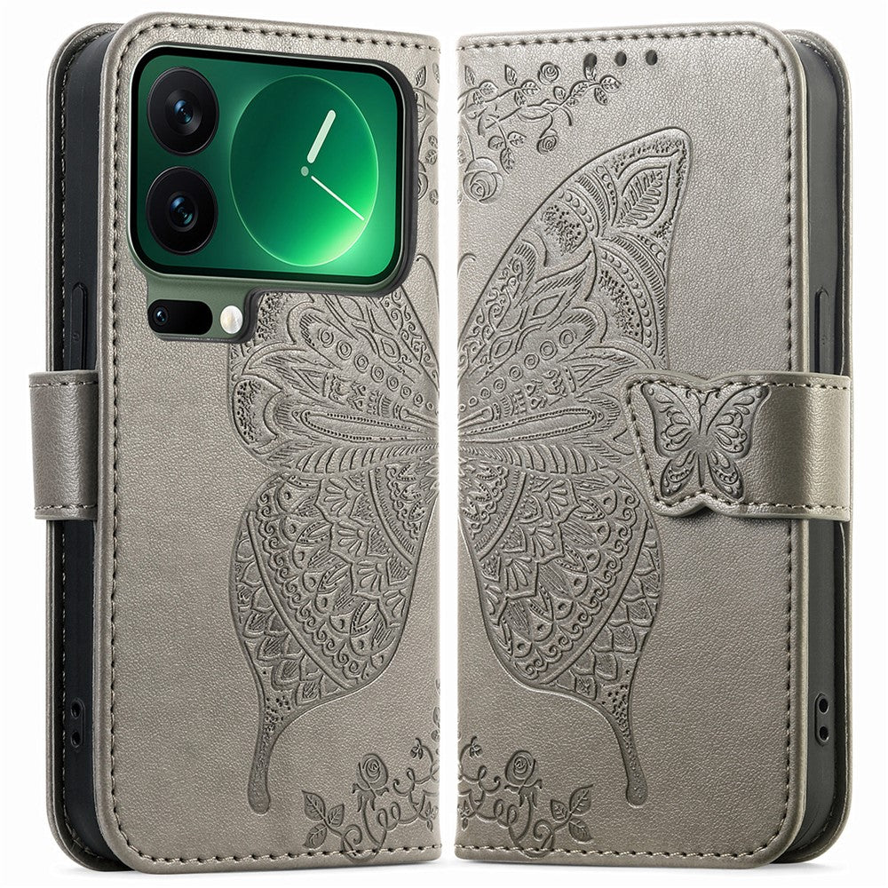 For Xiaomi 17 Pro Max Case with Strap Butterfly Pattern PU Leather Wallet Phone Cover - Grey