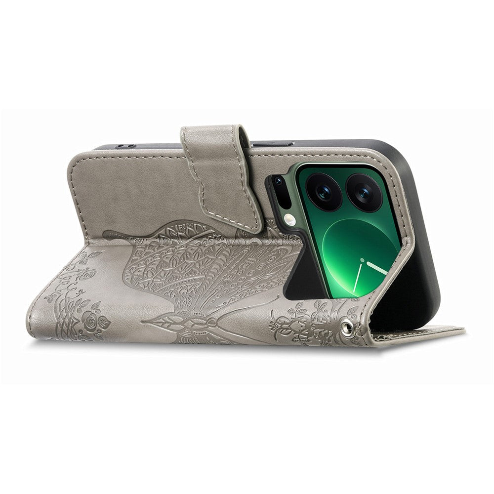 For Xiaomi 17 Pro Max Case with Strap Butterfly Pattern PU Leather Wallet Phone Cover - Grey
