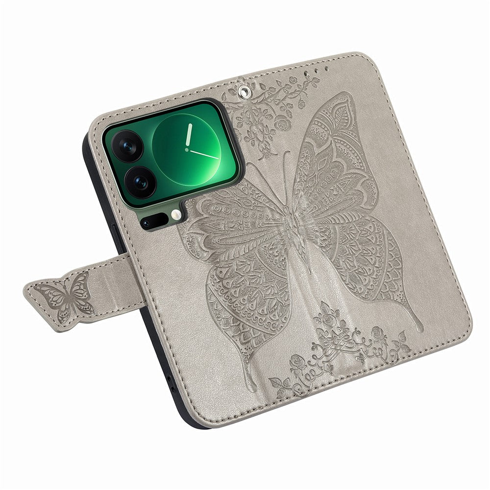 For Xiaomi 17 Pro Max Case with Strap Butterfly Pattern PU Leather Wallet Phone Cover - Grey