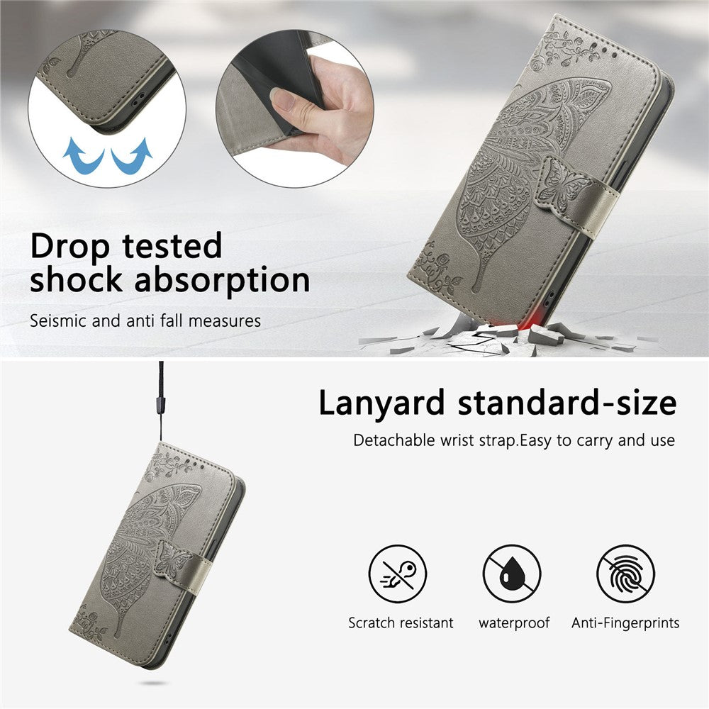 For Xiaomi 17 Pro Max Case with Strap Butterfly Pattern PU Leather Wallet Phone Cover - Grey