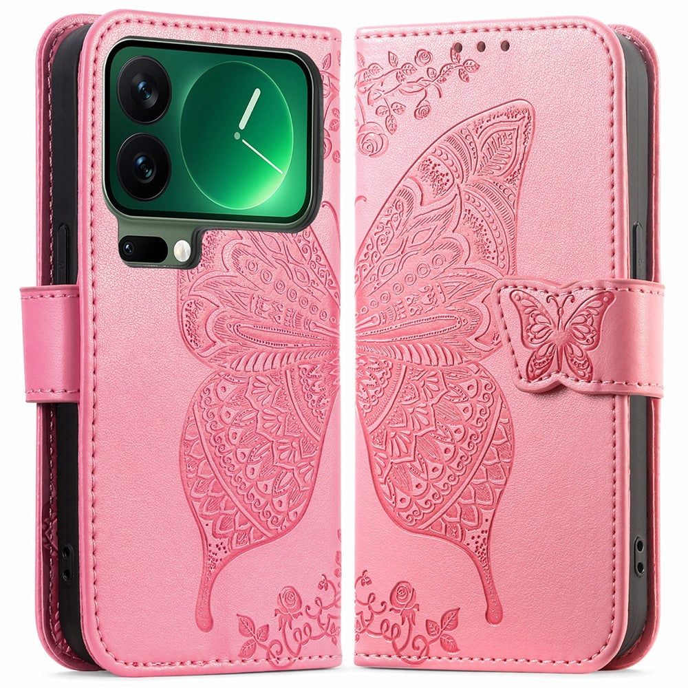 For Xiaomi 17 Pro Max Case with Strap Butterfly Pattern PU Leather Wallet Phone Cover - Pink