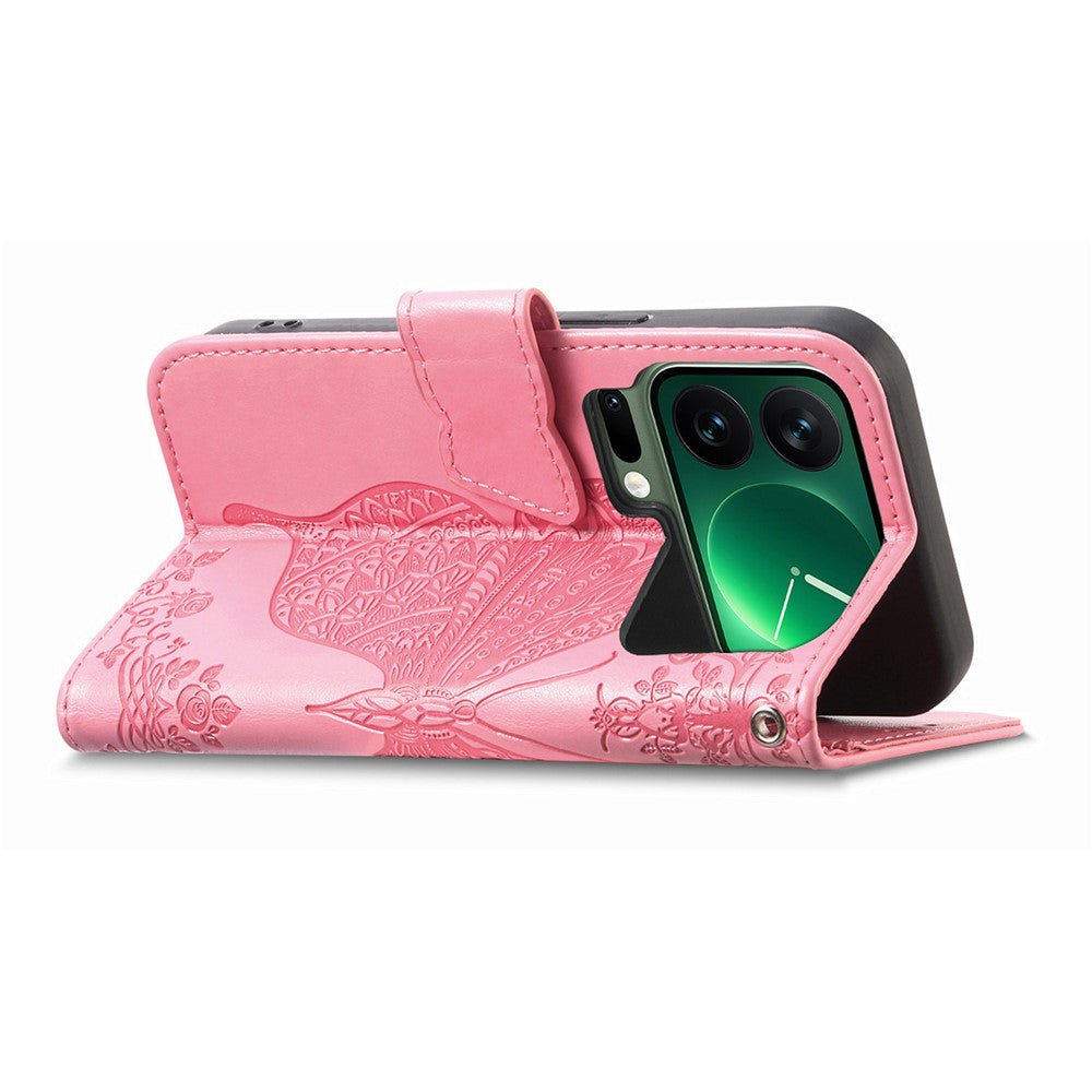 For Xiaomi 17 Pro Max Case with Strap Butterfly Pattern PU Leather Wallet Phone Cover - Pink