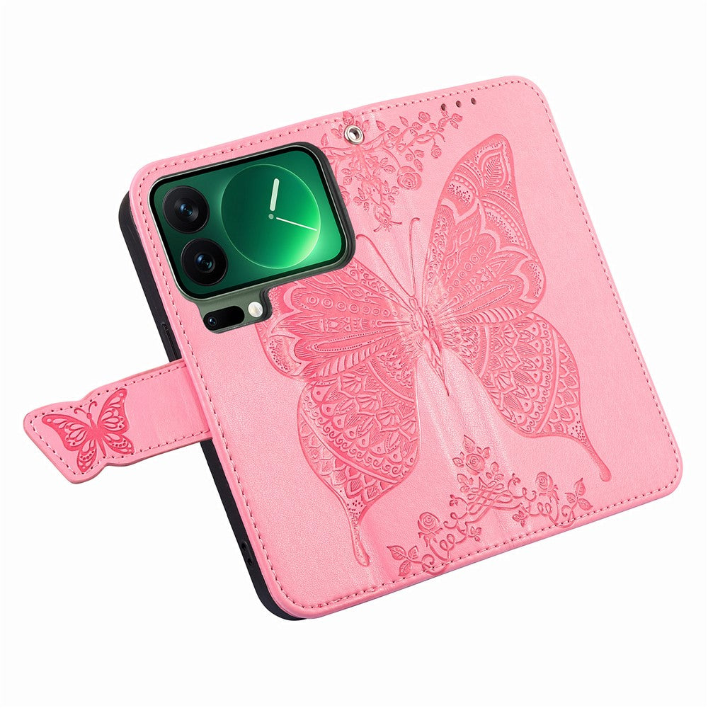 For Xiaomi 17 Pro Max Case with Strap Butterfly Pattern PU Leather Wallet Phone Cover - Pink