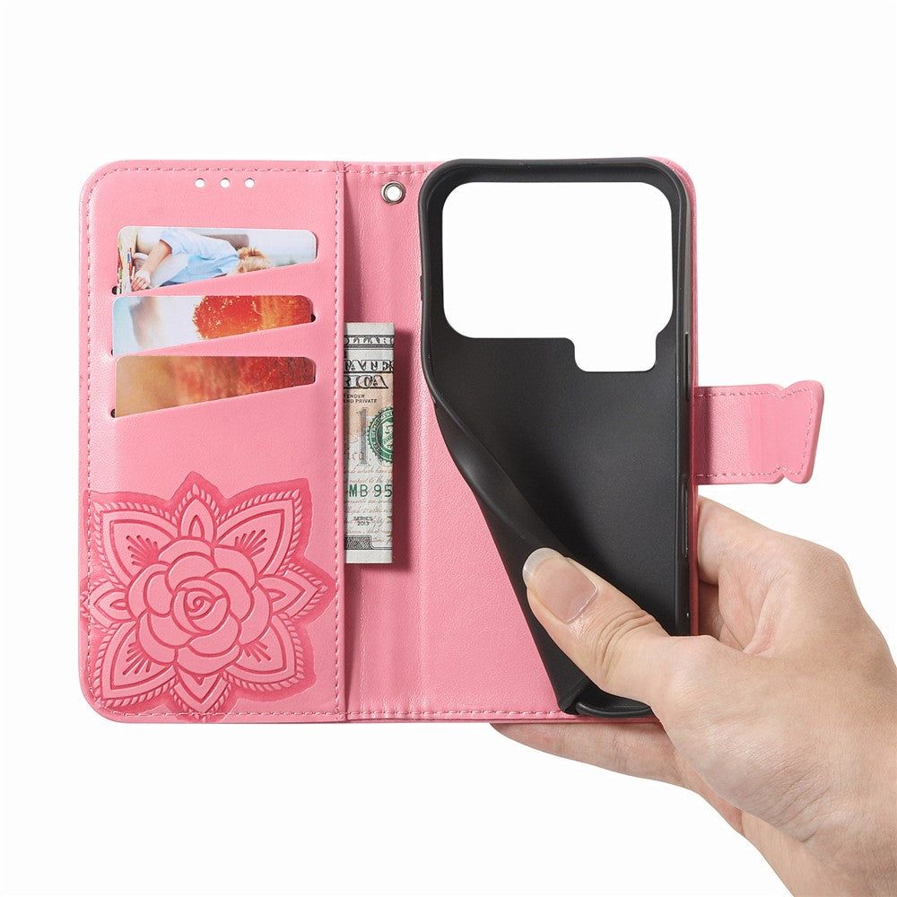 For Xiaomi 17 Pro Max Case with Strap Butterfly Pattern PU Leather Wallet Phone Cover - Pink