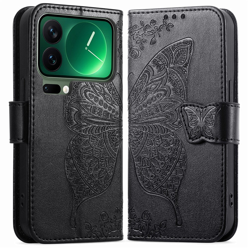 For Xiaomi 17 Pro Max Case with Strap Butterfly Pattern PU Leather Wallet Phone Cover - Black