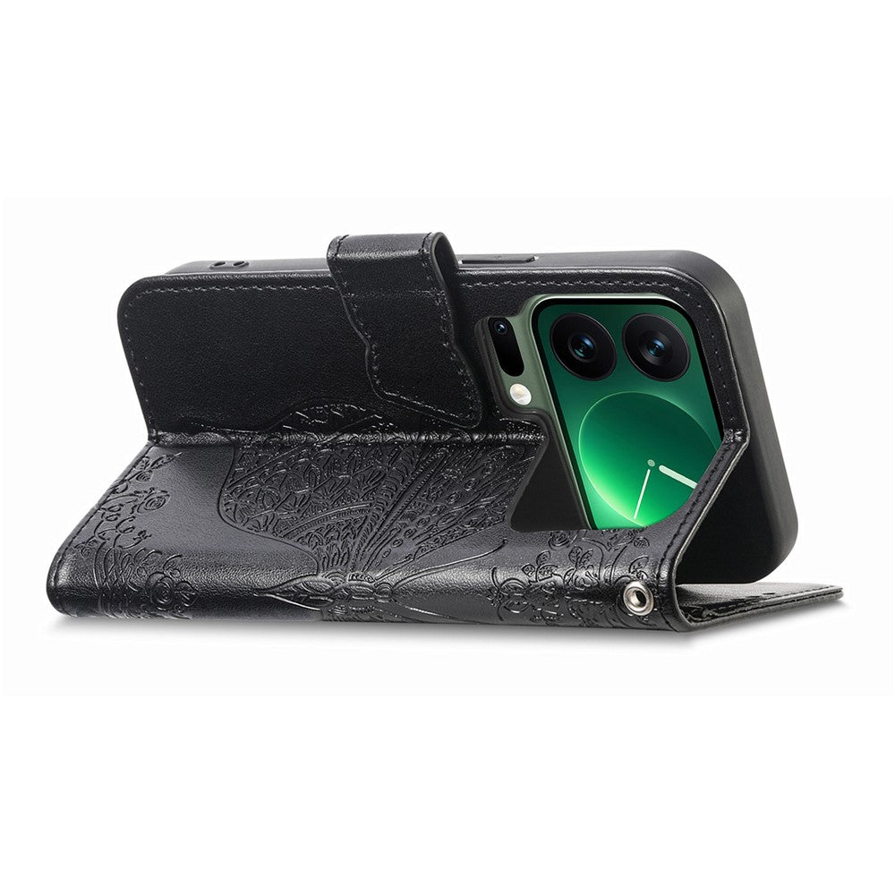 For Xiaomi 17 Pro Max Case with Strap Butterfly Pattern PU Leather Wallet Phone Cover - Black