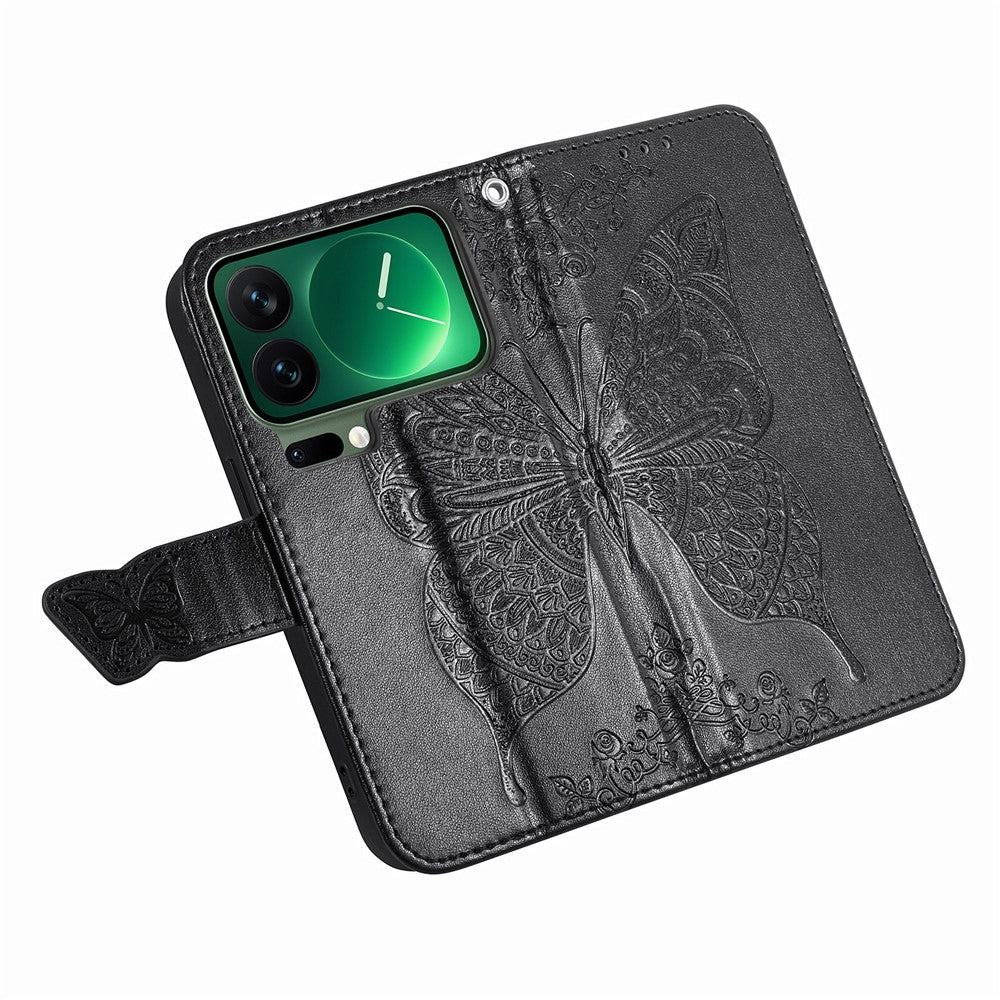 For Xiaomi 17 Pro Max Case with Strap Butterfly Pattern PU Leather Wallet Phone Cover - Black