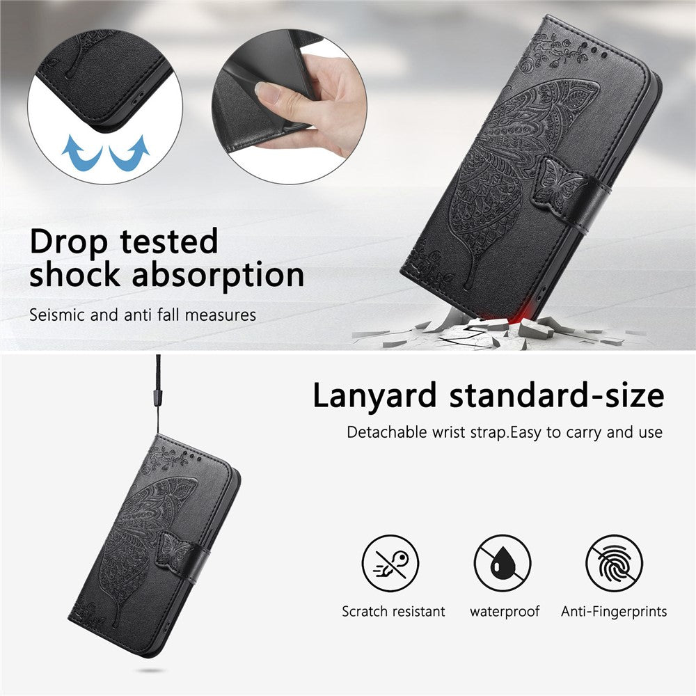 For Xiaomi 17 Pro Max Case with Strap Butterfly Pattern PU Leather Wallet Phone Cover - Black