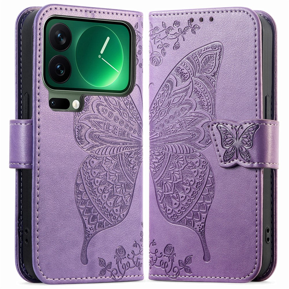 For Xiaomi 17 Pro Max Case with Strap Butterfly Pattern PU Leather Wallet Phone Cover - Light Purple