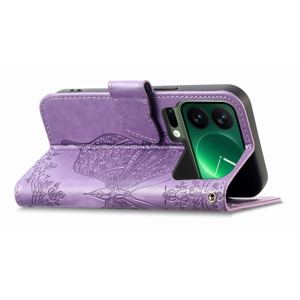 For Xiaomi 17 Pro Max Case with Strap Butterfly Pattern PU Leather Wallet Phone Cover - Light Purple