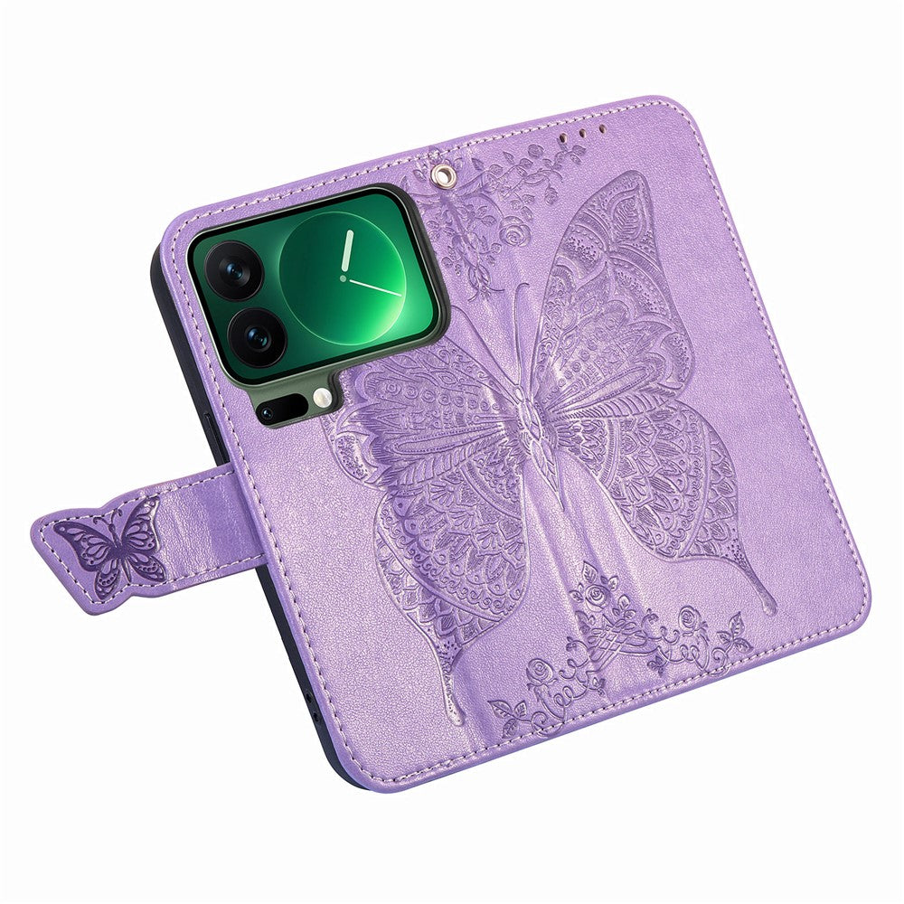 For Xiaomi 17 Pro Max Case with Strap Butterfly Pattern PU Leather Wallet Phone Cover - Light Purple