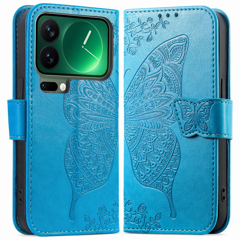 For Xiaomi 17 Pro Max Case with Strap Butterfly Pattern PU Leather Wallet Phone Cover - Blue
