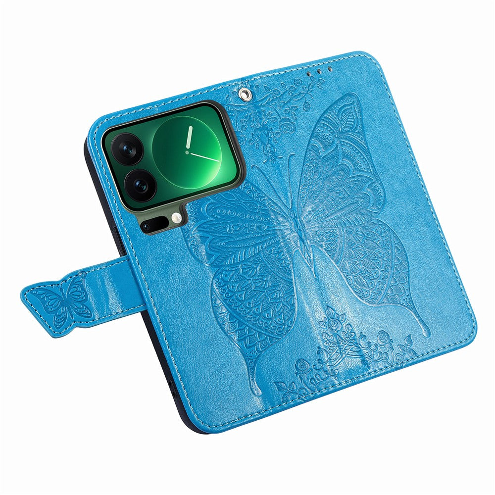 For Xiaomi 17 Pro Max Case with Strap Butterfly Pattern PU Leather Wallet Phone Cover - Blue