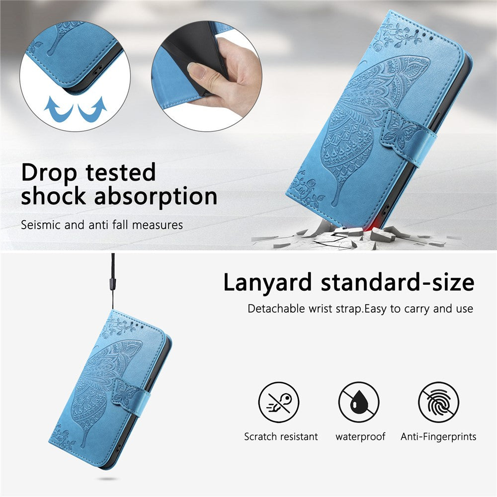 For Xiaomi 17 Pro Max Case with Strap Butterfly Pattern PU Leather Wallet Phone Cover - Blue