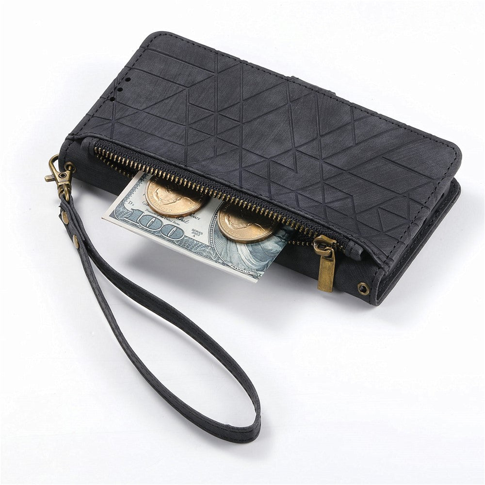 For Xiaomi 17 Pro Max Case Zipper Wallet Geometry Lines Leather Phone Cover with Strap - Black