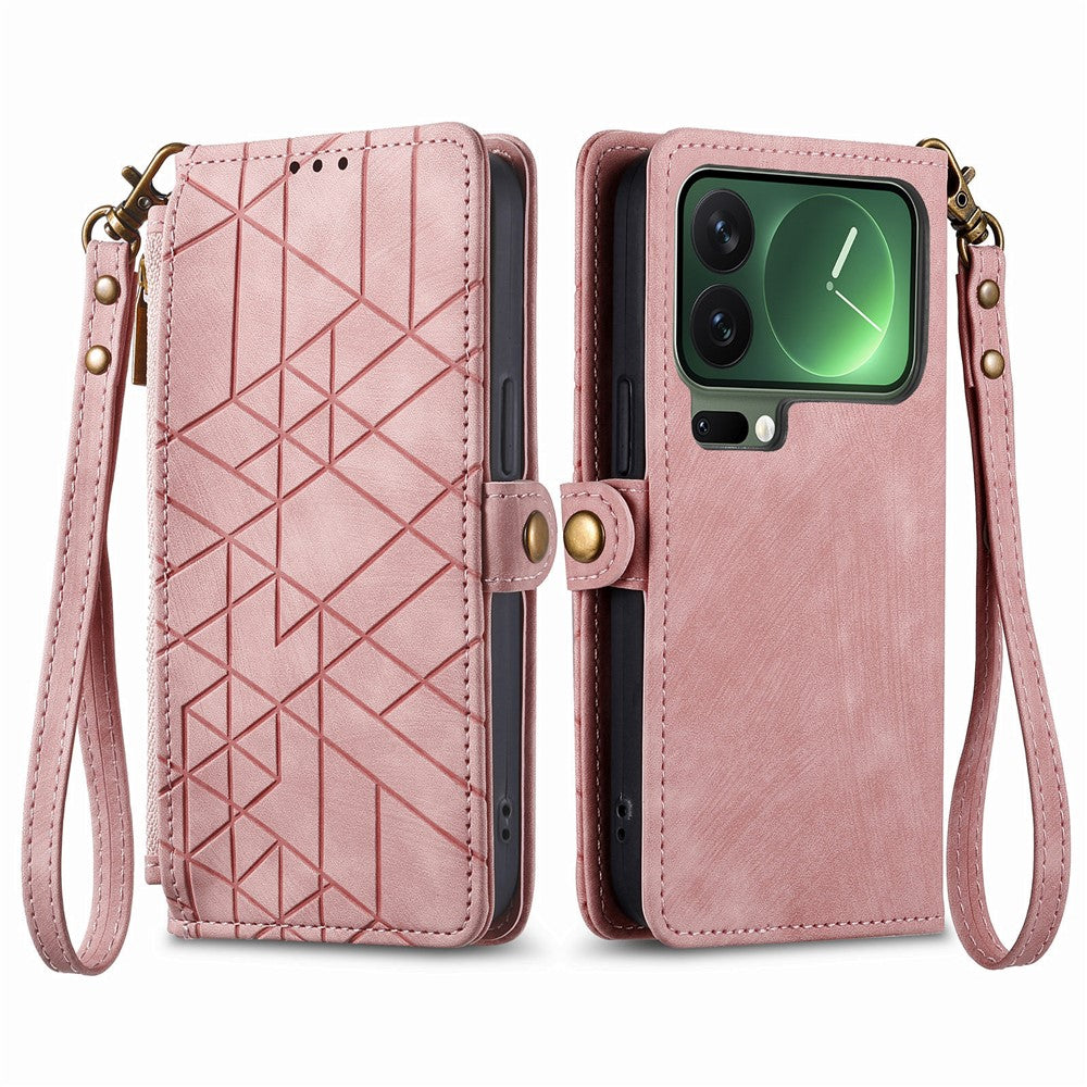 For Xiaomi 17 Pro Max Case Zipper Wallet Geometry Lines Leather Phone Cover with Strap - Pink