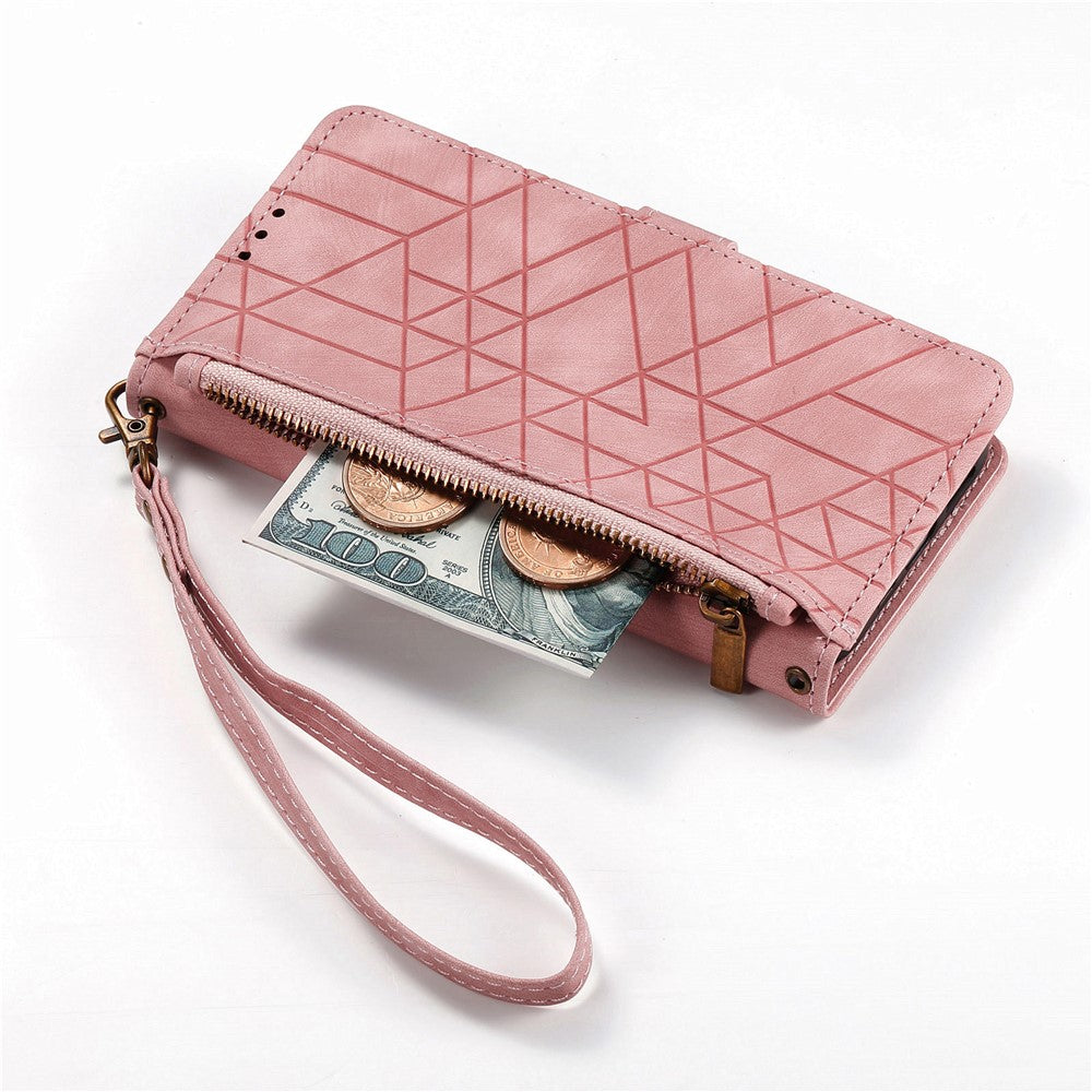 For Xiaomi 17 Pro Max Case Zipper Wallet Geometry Lines Leather Phone Cover with Strap - Pink