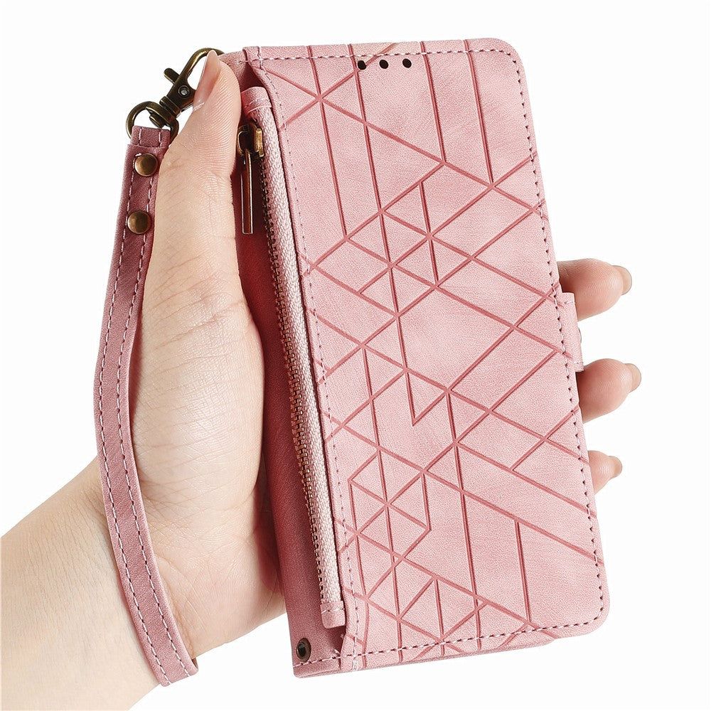 For Xiaomi 17 Pro Max Case Zipper Wallet Geometry Lines Leather Phone Cover with Strap - Pink