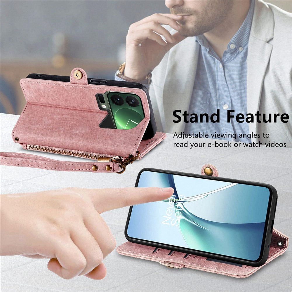 For Xiaomi 17 Pro Max Case Zipper Wallet Geometry Lines Leather Phone Cover with Strap - Pink