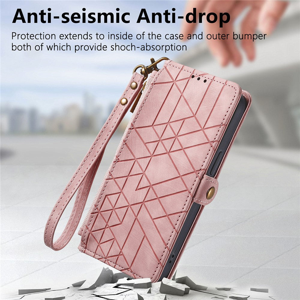 For Xiaomi 17 Pro Max Case Zipper Wallet Geometry Lines Leather Phone Cover with Strap - Pink