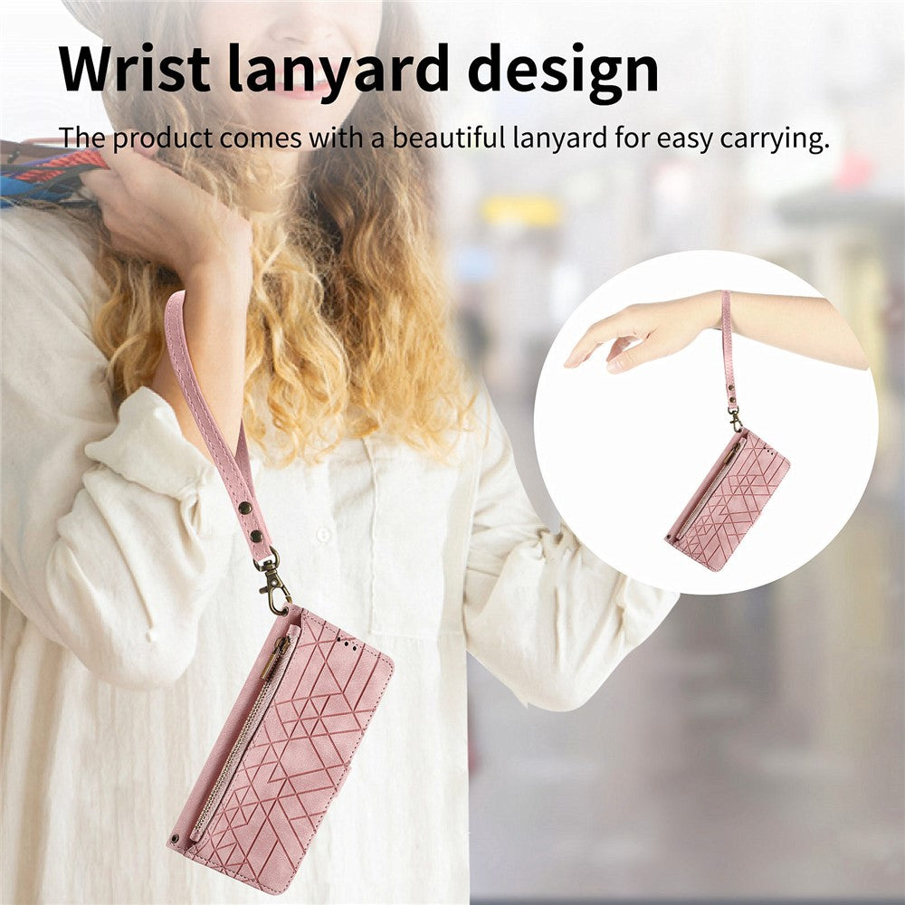 For Xiaomi 17 Pro Max Case Zipper Wallet Geometry Lines Leather Phone Cover with Strap - Pink