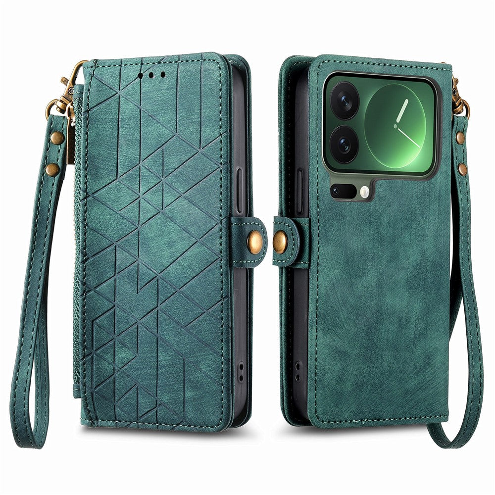 For Xiaomi 17 Pro Max Case Zipper Wallet Geometry Lines Leather Phone Cover with Strap - Green