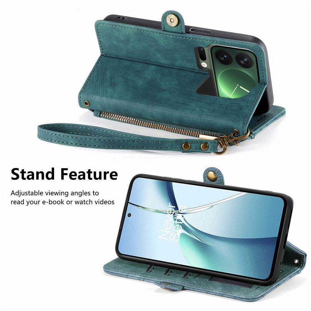 For Xiaomi 17 Pro Max Case Zipper Wallet Geometry Lines Leather Phone Cover with Strap - Green