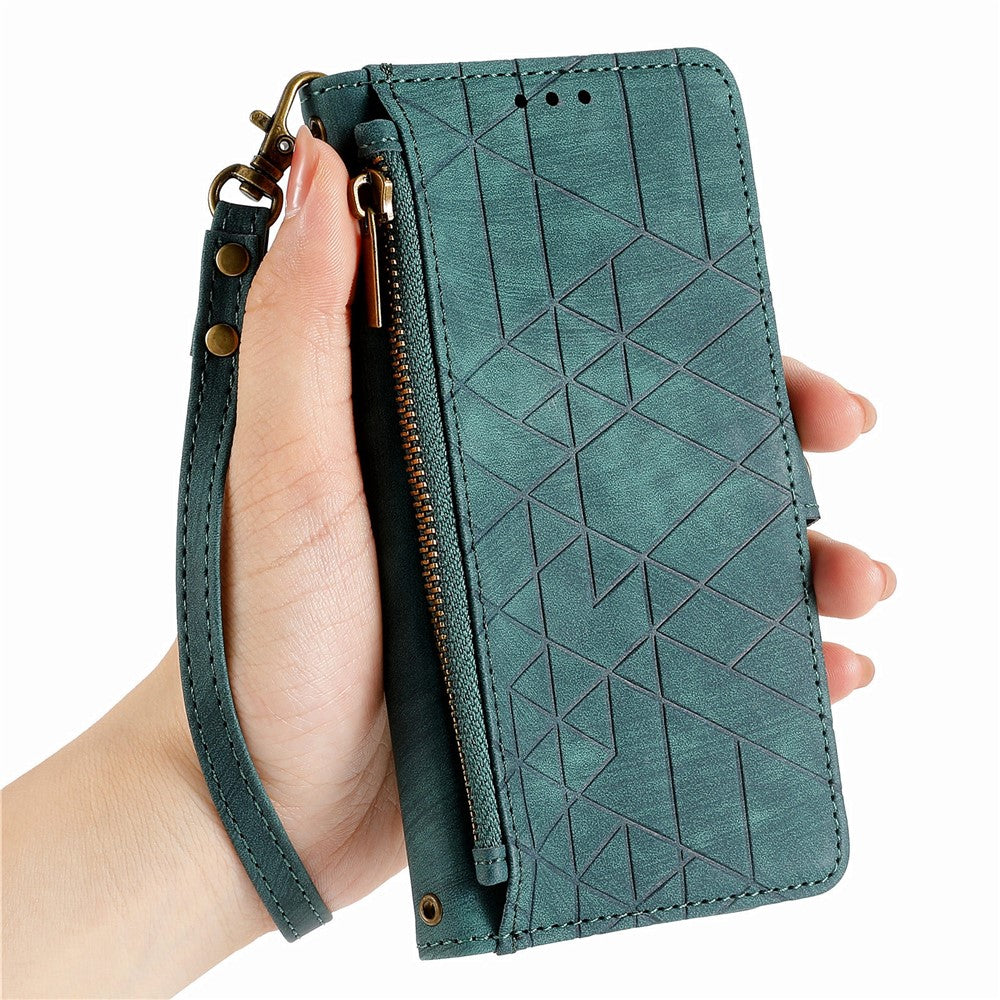 For Xiaomi 17 Pro Max Case Zipper Wallet Geometry Lines Leather Phone Cover with Strap - Green
