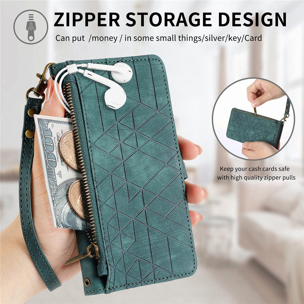 For Xiaomi 17 Pro Max Case Zipper Wallet Geometry Lines Leather Phone Cover with Strap - Green