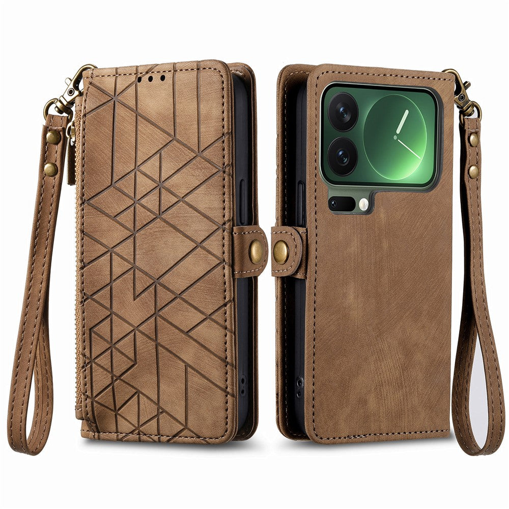 For Xiaomi 17 Pro Max Case Zipper Wallet Geometry Lines Leather Phone Cover with Strap - Brown