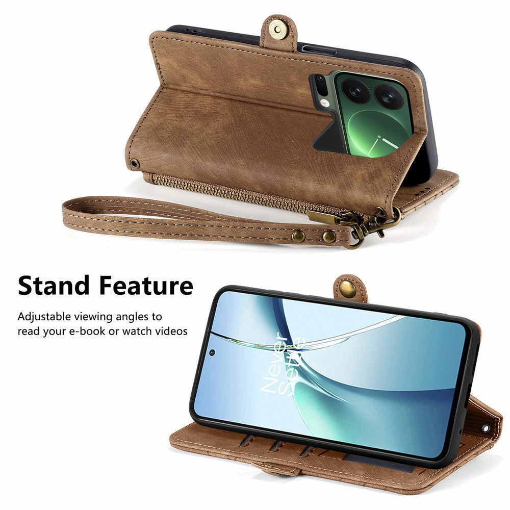 For Xiaomi 17 Pro Max Case Zipper Wallet Geometry Lines Leather Phone Cover with Strap - Brown