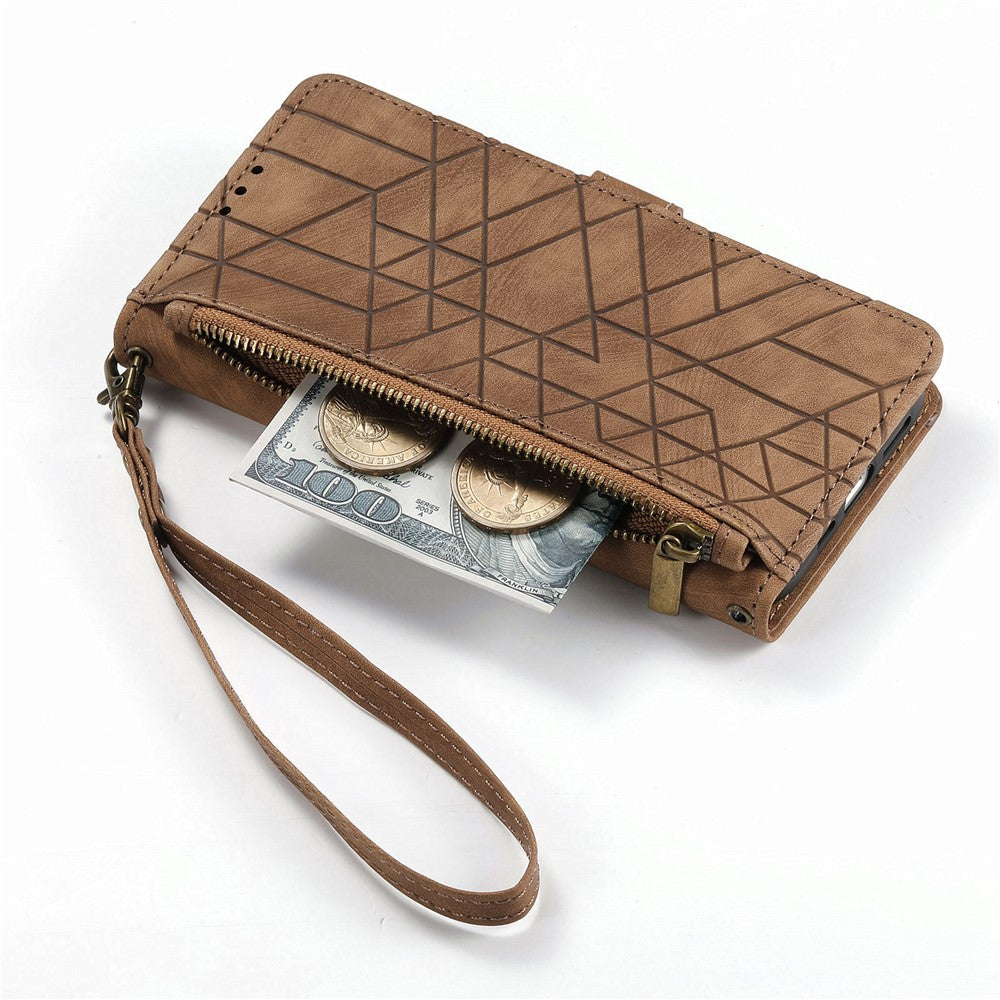 For Xiaomi 17 Pro Max Case Zipper Wallet Geometry Lines Leather Phone Cover with Strap - Brown