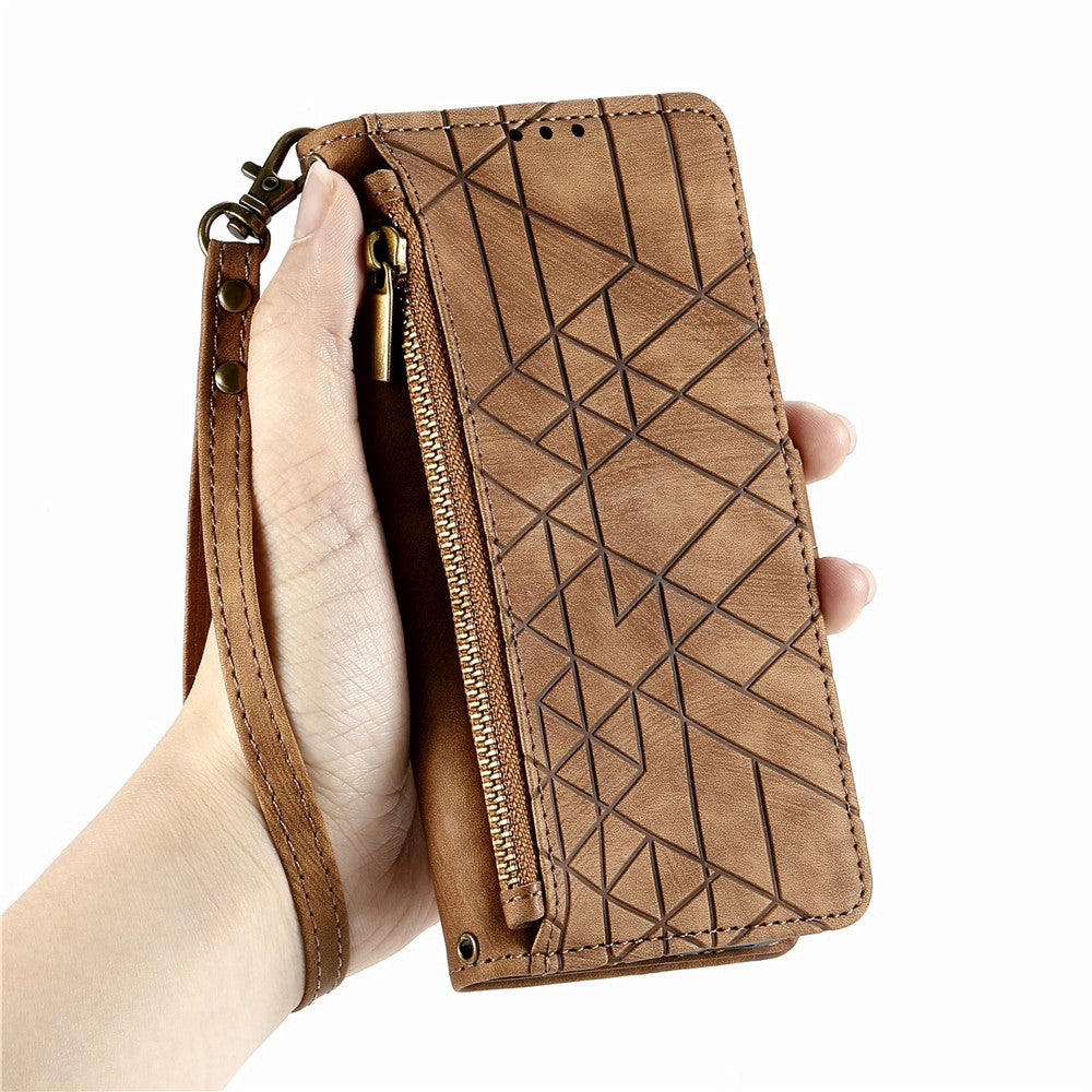 For Xiaomi 17 Pro Max Case Zipper Wallet Geometry Lines Leather Phone Cover with Strap - Brown