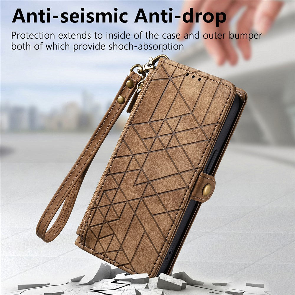 For Xiaomi 17 Pro Max Case Zipper Wallet Geometry Lines Leather Phone Cover with Strap - Brown