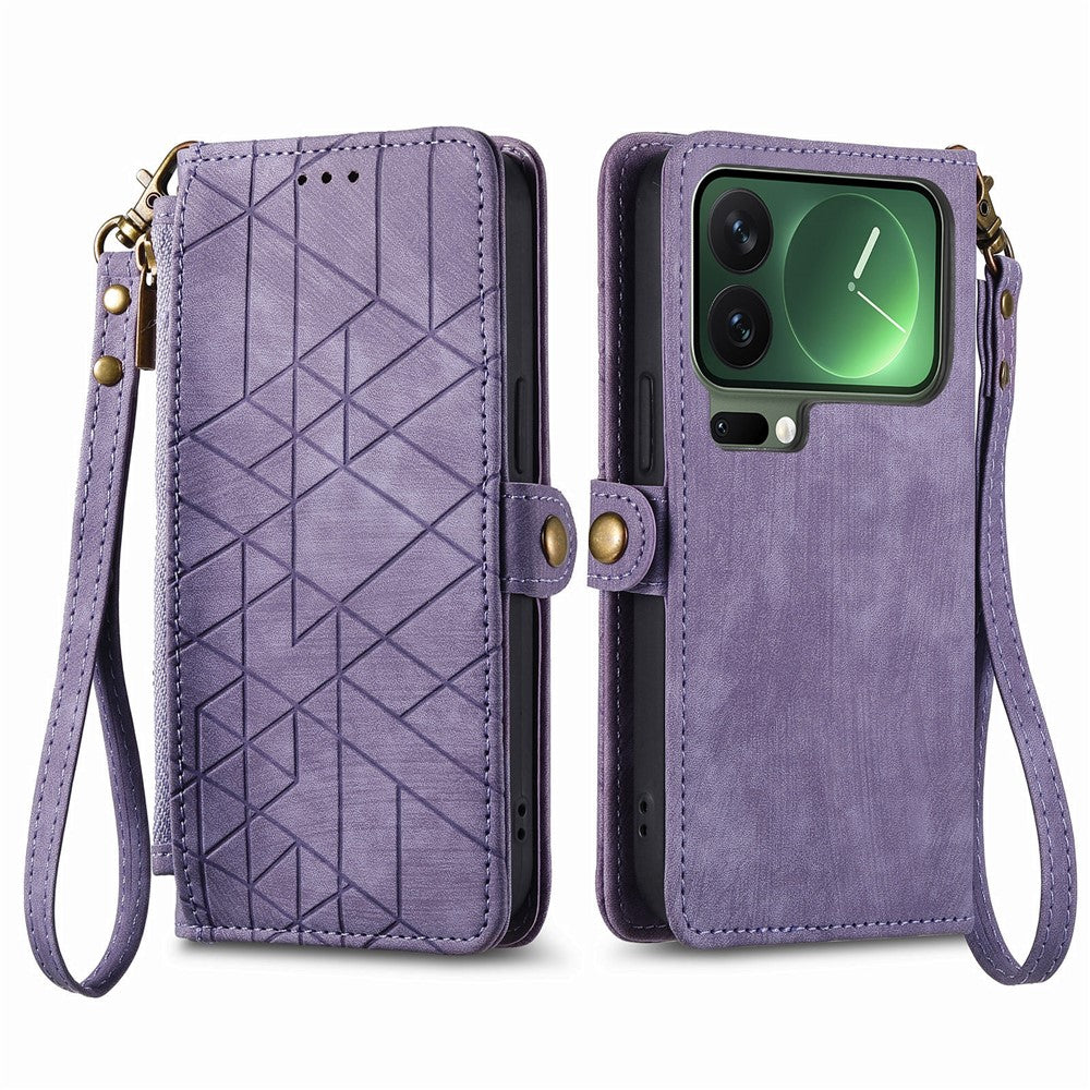 For Xiaomi 17 Pro Max Case Zipper Wallet Geometry Lines Leather Phone Cover with Strap - Light Purple