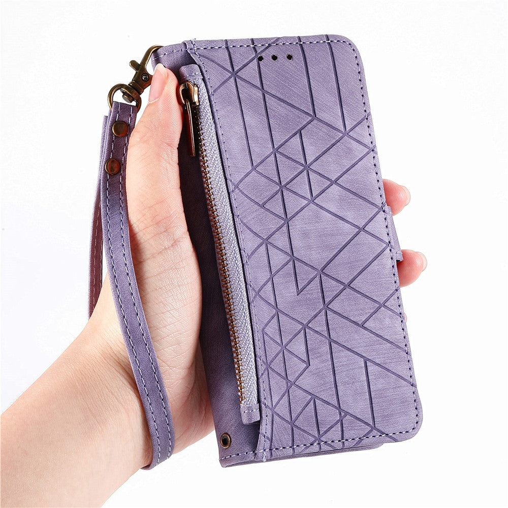 For Xiaomi 17 Pro Max Case Zipper Wallet Geometry Lines Leather Phone Cover with Strap - Light Purple