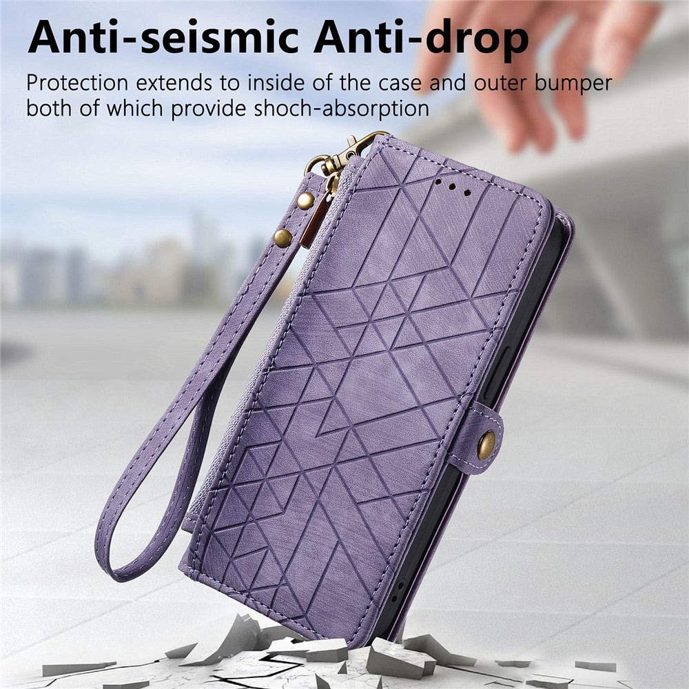 For Xiaomi 17 Pro Max Case Zipper Wallet Geometry Lines Leather Phone Cover with Strap - Light Purple