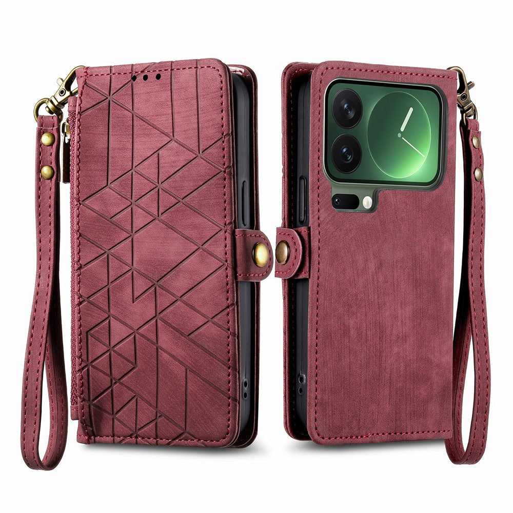For Xiaomi 17 Pro Max Case Zipper Wallet Geometry Lines Leather Phone Cover with Strap - Red