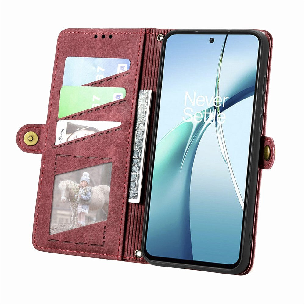 For Xiaomi 17 Pro Max Case Zipper Wallet Geometry Lines Leather Phone Cover with Strap - Red