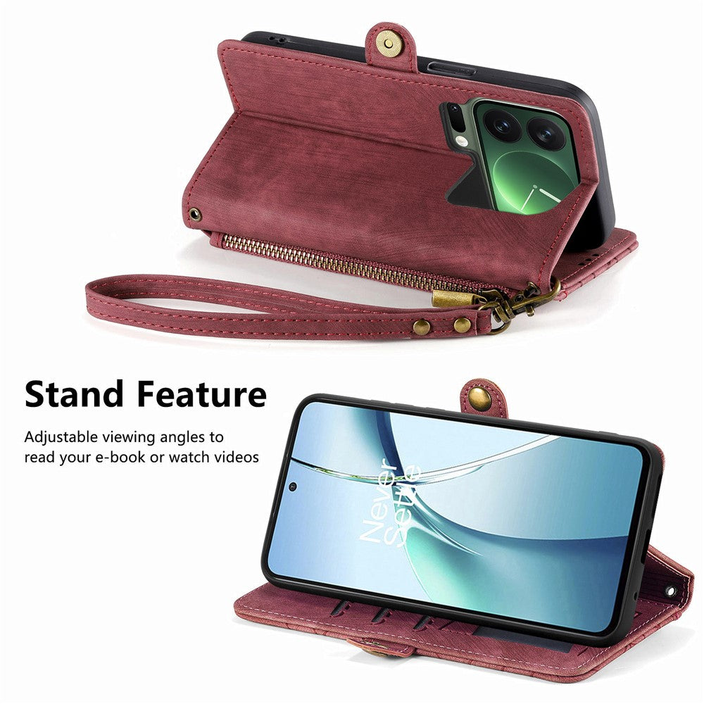 For Xiaomi 17 Pro Max Case Zipper Wallet Geometry Lines Leather Phone Cover with Strap - Red
