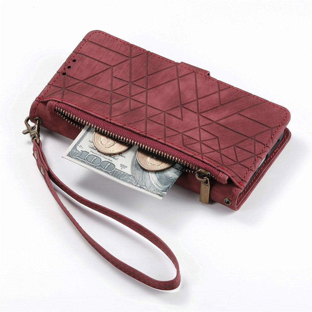 For Xiaomi 17 Pro Max Case Zipper Wallet Geometry Lines Leather Phone Cover with Strap - Red