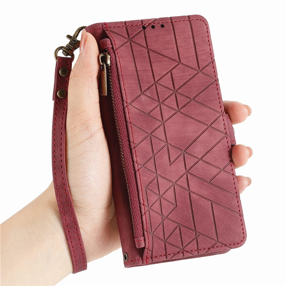 For Xiaomi 17 Pro Max Case Zipper Wallet Geometry Lines Leather Phone Cover with Strap - Red