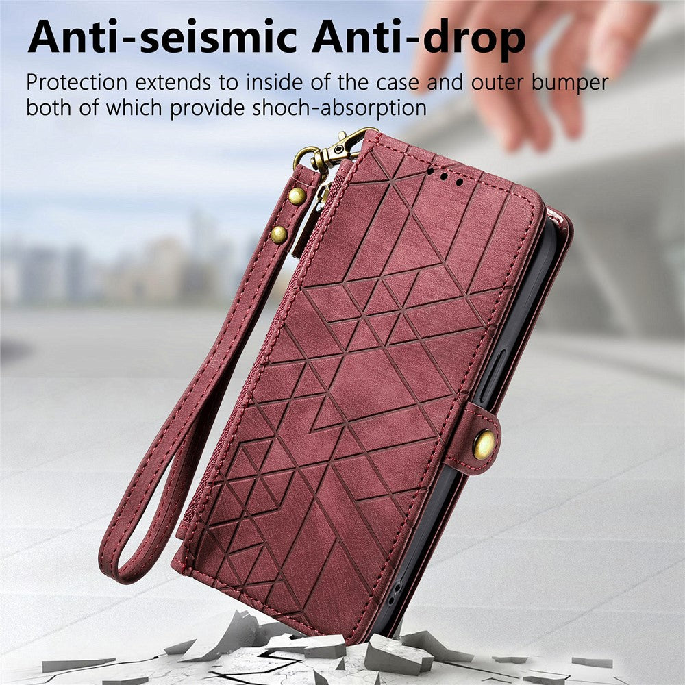 For Xiaomi 17 Pro Max Case Zipper Wallet Geometry Lines Leather Phone Cover with Strap - Red