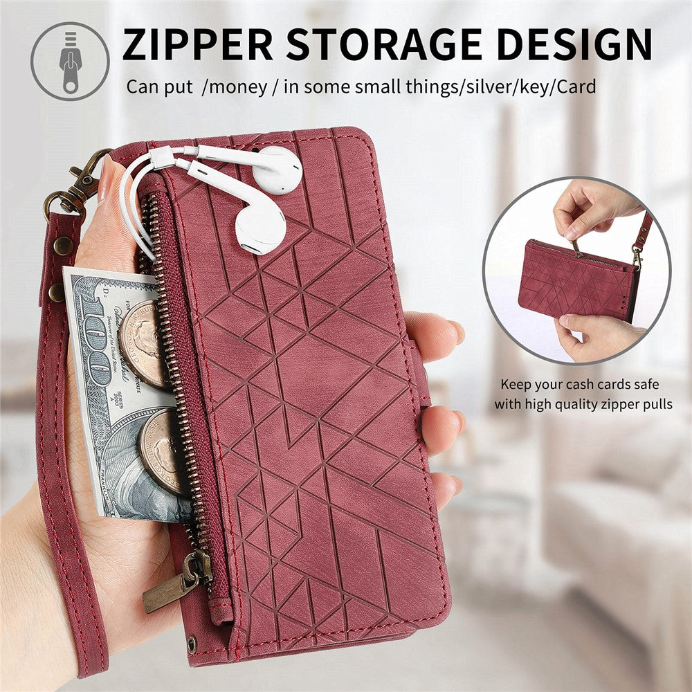For Xiaomi 17 Pro Max Case Zipper Wallet Geometry Lines Leather Phone Cover with Strap - Red